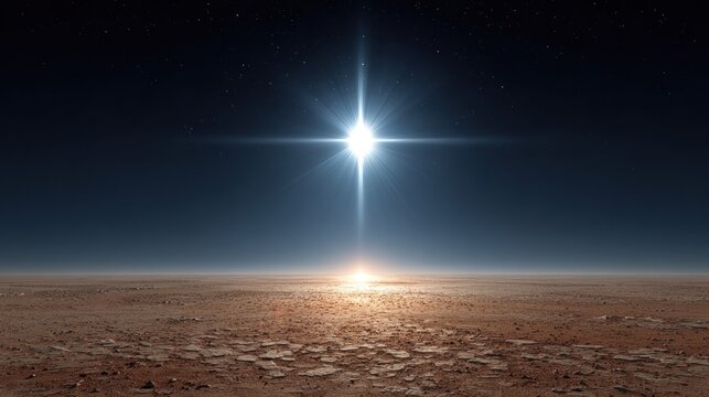 Distant bright star illuminates a desolate, reddish-brown alien landscape under dark sky