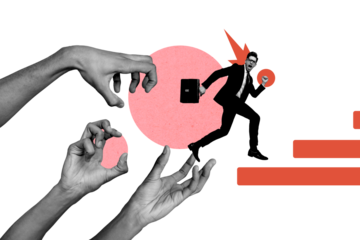 Creative collage young businessman entrepreneur run platform achieve goal arms body fragments catch reach drawing background