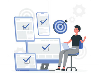 Person Sitting at Desk with Laptop Surrounded by Devices Showing Checkmarks and a Dartboard technology