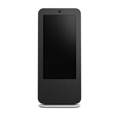 Digital kiosk with blank, black screen standing upright