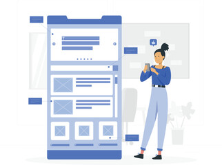 Woman Using Smartphone Interacting with Mobile App Interface on Large Screen vector illustration