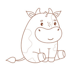 Outline Cute Little Bull. Adorable Kawaii Animal. Line drawing, coloring book. Vector illustration. Kids collection. Not AI