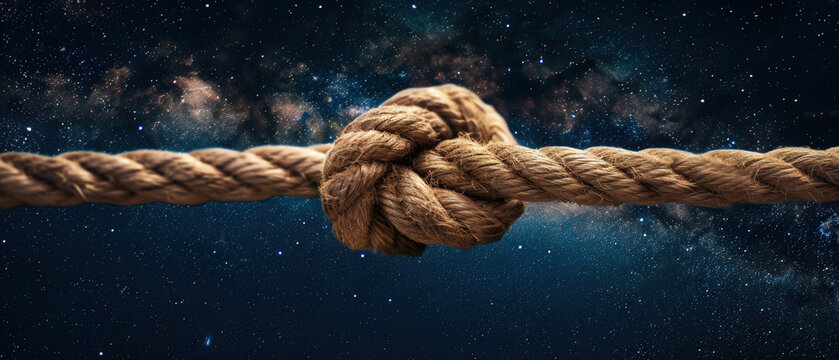 Sturdy rope with knot against a backdrop of starry night sky. Concept of teamwork, unity, cooperation, partnership, and support. Copy space.