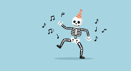 Dancing skeleton wearing a party hat surrounded by musical notes.