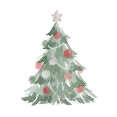 Watercolor Christmas Tree, Pastel Green and Red Baubles