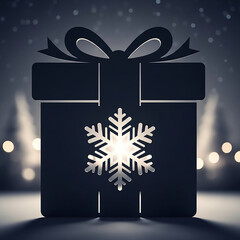 Dark Christmas Gift Box Silhouette with Snowflake Cutout, Bokeh Background