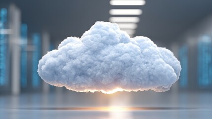 Cloud computing technology digital data storage concept with a detailed fluffy cloud in a modern data center with servers and digital interface background