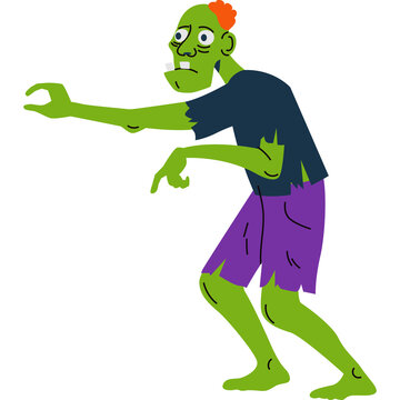 Green Cartoon Zombie with Tattered Clothes and Orange Hair Reaching Out with a Distorted Face and Wide Eyes on a White Background