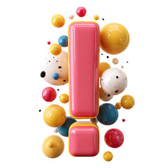 3D pink exclamation point surrounded by colorful spheres