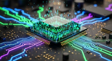 Abstract visualization of a central computer processor chip emitting vibrant green and purple light through its circuits, representing data flow and digital energy