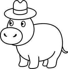 Funny Cartoon Hippo Wearing A Hat Cute Animal For Kids Drawing Activity COLORING PAGE OUTLINT LINR ART