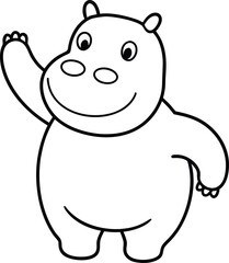 Happy Hippo Waving Its Little Hand Joyful Animal Cartoon For Kids Art COLORING PAGE OUTLINT LINR ART