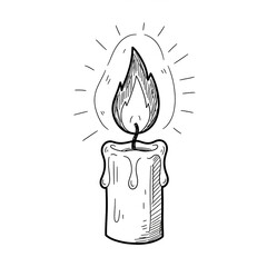 Hand Drawn Burning Candle, Black and White Sketch Illustration