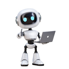 3D Cartoon Cute Robot Holding Laptop and Giving Thumbs Up