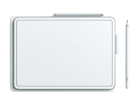 White Tablet and Stylus on White Surface isolated on a transparent background