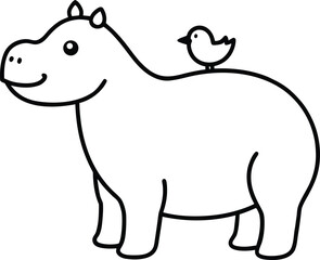 Hippo Standing With Birds On Its Back Adorable Cartoon Animal For Kids COLORING PAGE OUTLINT LINR ART