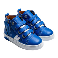 Pair of blue leather childrens boots isolated on transparent background, showcasing their stylish design and comfortable support for growing feet