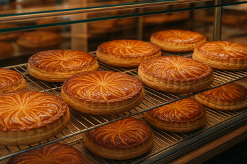 Galettes des Rois dorées en vitrine de boulangerie française
