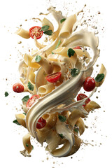 Creamy pasta with tomatoes, basil, sauce midair