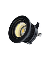 Black cylinder spotlight with white grid, metal clips on dark background