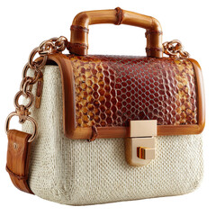 Chic woven bag with snake skin top and bamboo handle