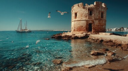 Historic stone tower overlooks clear blue sea with a sailboat and seagulls on sunny day