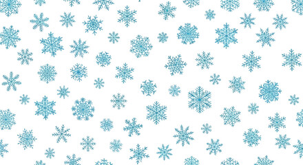 Blue snowflakes scattered across a white background creating a festive winter scene perfect for holiday decorations and seasonal designs