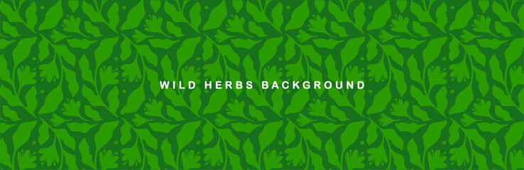 Green Wild herb background, botanical banner with a pattern of hand-drawn leaves and branches