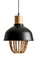 Lamp Black metal dome shade with wooden bead bottom, hung