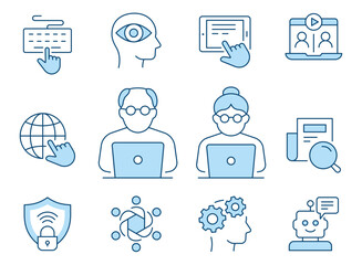 Digital literacy icons. These icons highlight education for seniors, technology skills, and internet safety. The outline is editable and can be changed to any size and color.