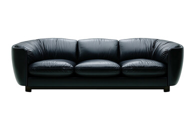 Elegant black leather sofa with rounded arms against a dark background