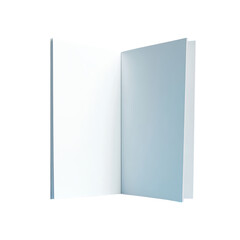 Open book; blank white pages, light blue cover, plain background