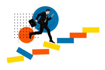 Composite photo collage of scream businessman run brick ladder late meeting punctuality concept hold iphone isolated on painted background