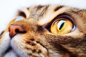 Expressive Golden Eyed British Shorthair Cat Breed Gazing Up with Striking Patterns in Studio