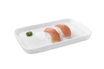 Clean Side Angle Shot of Two Salmon Nigiri Pieces with Wasabi. Isolated Studio Image for Menu Design and Food Advertising