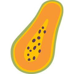 Hand drawn papaya fruit icon with seeds cut in half showing vibrant orange flesh and green rind isolated on white background simple design graphic element
