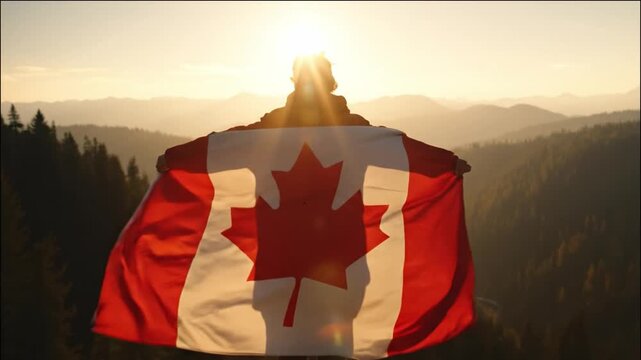 Silhouette of a person standing on a mountain cliff draped in a Canadian flag at sunset with vast forest and mountain ridges in the background