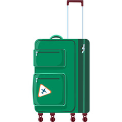 Green Rolling Suitcase With Pull Handle And Travel Airplane Symbol On A White Background
