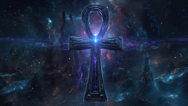 A glowing ankh-like object stands in cosmic space, detailed with intricate lines and patterns