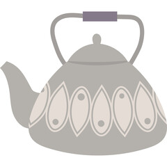 Grey Kettle with Decorative Pattern and Purple Handle Kitchenware Object with Transparent Background