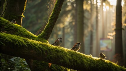Fototapeta premium morning bird watching Birds perched on a moss-covered log with soft sunlight filtering through trees.