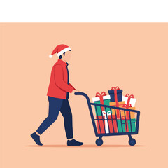 A person in a festive hat pushes a shopping cart overflowing with colorful holiday gifts, embodying the generous spirit of seasonal giving and preparation
