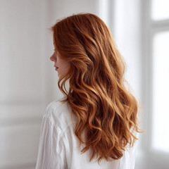 Elegant portrait of a redhaired woman. Flowing curls cascade down her back. Ideal for beauty, lifestyle, or hair care concepts. Represents confidence and natural beauty.