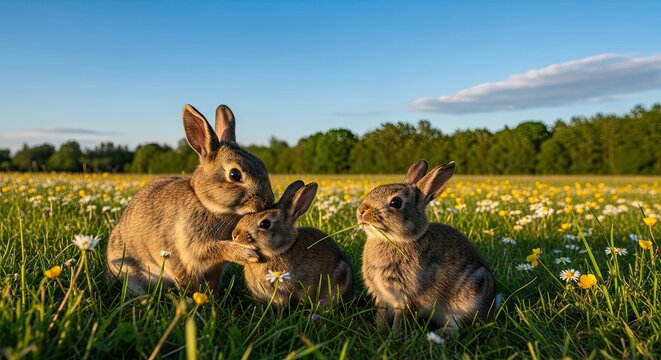 Three Rabbits in a Meadow Under a Blue Sky. - Powered by Adobe