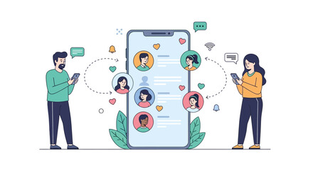 Social media concept of connecting people with profiles on a smartphone screen