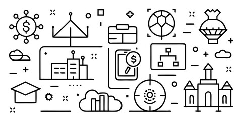 Business and Strategy Line Icons Set — Minimalist Vector Collection with Finance, Leadership, and Corporate Planning Symbols