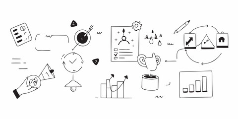 Hand-Drawn Project Management Icons Set — Minimalist Monochrome Illustration of Time, Goals, Planning, and Success Concepts