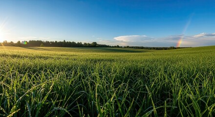 Vibrant green field under a clear blue sky with sunlight.