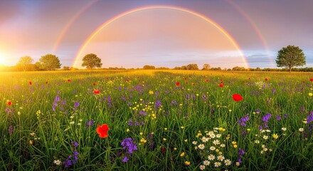 Vibrant summer meadow filled with colorful wildflowers at golden hour.