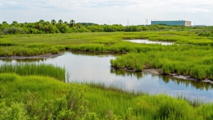 fossil fuel reduction Lush wetlands with a serene waterway, surrounded by greenery and a distant building.